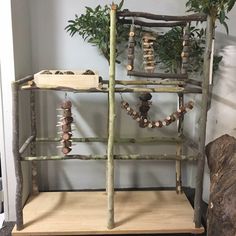 a wooden shelf with plants and beads on it