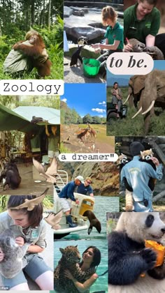 collage of images with animals and people in the background that say zoology to be