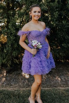 Off the Shoulder Purple Beaded Layered Short Dress Layered Short Dress, Layered Short, Tulle Material, Winter Formal Dresses, Junior Prom Dresses, Purple Beaded, Short Prom Dress, Sweet 16 Dresses, Layered Skirt