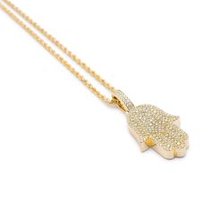 Gender: Ladies  Metal Type: 14K Yellow Gold  Pendant Length: 1.50 inches  Pendant Width: 20.00 mm  Pendant Weight: 8.10 grams  Chain Length: 18.00 inches  Chain Width: 2.40 mm  Weight: 8.56 grams  14K yellow gold symbol diamond modern-style (1950 to present) pendant. The metal was tested and determined to be 14K yellow gold. In excellent condition.  Textured & polished 14K yellow gold modern-style (1950 to present) rope link chain. The metal was tested and determined to be 14K yellow gold. Engraved with "14K". In excellent condition.  Pavé set in 14 Karat Yellow Gold with:  Thirty-four (34) round brilliant cut natural diamonds:  Measurements: 1.50mm - 1.60mm in diameter x ~0.95mm in depth. Weight Range: 0.015 ct. - 0.017 ct. Estimated Total Weight: 0.540 ct. Color: I - J Clarity: SI1 - SI2 Yellow 14k Gold Pendant Necklace, Yellow Gold-plated Necklace With Gold Chain, Yellow 14k Gold Round Pendant Necklace, Yellow Gold Plated Necklace With Gold Chain, Gold Diamond Necklace With Lobster Clasp, Spiritual Yellow Gold Chain Necklace, Gold Symbol, Metal Pendant Necklace, Hamsa Pendant