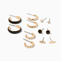 With black enamel and faux crystals, this earring set brings gifts to your ear party. With six designs to choose from, you'll always have the perfect pair for any outfit. Pack Size: 6 Finish: Gold-tone Closure: Post back Material: Metal Size: one size.  Gender: female.  Age Group: adult. Ear Party, Stud Set, 6 Packs, Mix N Match, Black Enamel, Mix And Match, Jewelry Earrings Studs, Perfect Pair, Earring Set