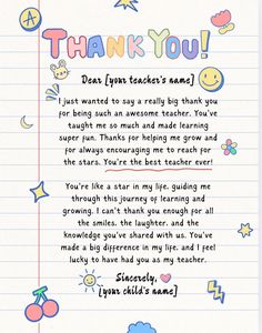 a thank letter from a teacher to her child on lined paper with the words thank you