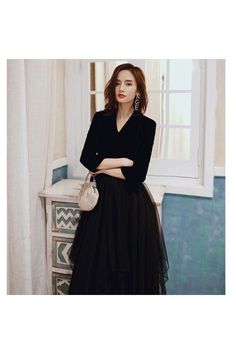 Shop Formal Long Black With Tulle Party Dress Vneck With Sleeves online. SheProm offers formal, party, casual & more style dresses to fit your special occasions. Chic V-neck Midi Dress For Holidays, Elegant V-neck Dress For Prom And Party Season, Elegant V-neck Midi Dress For Prom, Black V-neck Holiday Evening Dress, Elegant V-neck Midi Dress For Prom Season, V-neck Evening Dress For Cocktail Occasions, Black V-neck Evening Dress For Party Season, Holiday V-neck Party Dress, V-neck Formal Dresses For Party Season