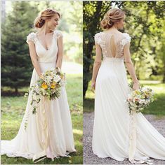 two pictures of a woman in a wedding dress with flowers on her bouquet and the back of her gown