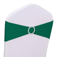 a green and white chair sash with a ring on it