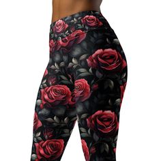 Red Roses High Waist Yoga Leggings Elevate your workout wardrobe with our Red Roses patterned High Waist Yoga Leggings! Made with 4-way stretch fabric, these leggings offer optimal flexibility and support for all your yoga, gym, or casual activities. The smooth and comfortable fabric provides a luxurious feel against your skin, ensuring maximum comfort throughout your workout. The high waist design offers extra coverage and support, allowing you to move with confidence and ease. With a stylish R 4 Directions, Rose Leggings, Workout Wardrobe, Pattern Leggings, Yoga Clothing, Legging Sport, Leggings Pattern, Yoga Gym, Gym Leggings