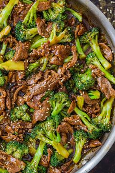 beef and broccoli stir fry in a skillet