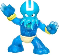 a blue and yellow figurine with one hand in the air