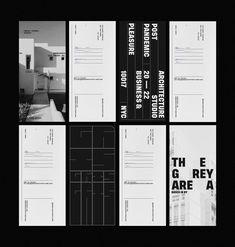 four black and white postcards with the words th e g r y are a