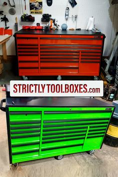 a green toolbox sitting on top of a wooden table next to a red cabinet