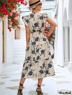 Olivia Mark - Floral Print V Neck Dress, Short Sleeve Casual Dress For Summer & Spring, Women's Clothing Patterns Floral, Midi Ruffle Dress, Tiered Midi Dress, Weave Style, Flounce Sleeve, Midi Dress With Sleeves, Daily Dress, Floral Midi Dress, V Neck Dress