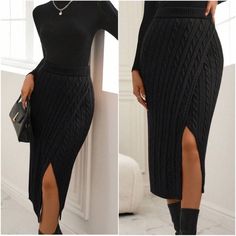 Cable Knit Split Thigh Ribbed Midi Skirt S M L, 100% Acrylic, Ships In 7-8 Days Business Casual Minimalist, Dress Professional, Blazer Blouse, Preppy Prom, Summer 90s, Trendy Business Casual, Business Formal Dress, Coachella Dress, Boho Bridesmaid