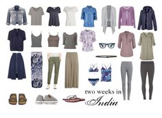 several different types of clothes and shoes arranged in the shape of a circle with words two weeks in india written below