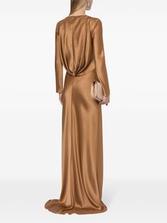 Find ALBERTA FERRETTI Draped Dress on Editorialist. bronze-tone silk blend satin finish long sleeves draped detailing round neck high waist fitted waistline floor-length flared hem Draped Silk Dress, Alberta Ferretti, Draped Dress, Satin Finish, Silk Dress, Floor Length, Round Neck, High Waist, Top Brands