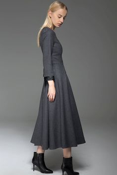 Gray Wool Dress, wool dress, winter dress, long sleeve dress, long wool dress, handmade dress, gray Formal Winter Wool Dress, Formal Wool Dress For Winter, Fall Dresses With Cuffed Sleeves, Winter Long Sleeve Dresses With Button Cuffs, Long Sleeve Wool Dresses For Office, Office Wool Dresses With Long Sleeves, Elegant Winter Dress With Button Cuffs, Winter Knee-length Dresses With Button Cuffs, Winter Office Dress With Button Cuffs