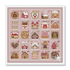 a cross stitch pattern with gingerbread houses and other christmas decorations on pink fabric,