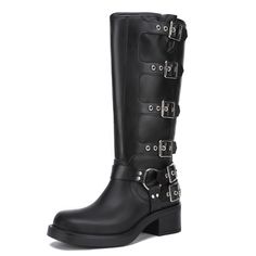 PRICES MAY VARY. MATERIAL: The material of these knee high boots for women is crafted from exquisite PU leather and features TPR soles, while the vintage-aged fabric adds a touch of sophistication to the overall look. DESIGN: The highlight of this woman's riding boots is the adjustable metal buckle, with delicate alignment, and a stiff fit, combined with a biker style, showing fashion and vintage atmosphere. FEATURES: This tall boots for women tube height of 11.8 inches wide calf design can acco Knee-high Moto Boots For Outdoor, Black Moto Boots For Winter Riding, Punk Style Combat Boots For Outdoor, Black Winter Moto Boots For Riding, Winter Riding Black Moto Boots, Fitted Moto Boots For Riding In Fall, Casual Moto Boots For Winter Biker Events, Moto Boots For Outdoor Fall Season, Casual Moto Boots For Biker Events In Winter