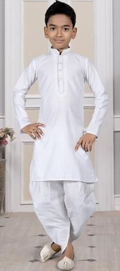 White and Off White color Boys Dhoti Kurta in Cotton fabric with Embroidered work White Cotton Salwar Kameez With Pallu, Cotton Salwar Kameez With Pallu In White, White Embroidered Churidar For Festive Season, White Embroidered Churidar For Festive Occasions, Festive White Embroidered Churidar, White Cotton Salwar Kameez With Embroidered Border, White Zari Work Sets For Eid, White Cotton Churidar For Diwali, White Cotton Churidar For Festivals