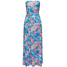 A glamorous maxi dress that is perfect for warm weather. * Bandeau-style featuring an elastic insert at the neckline * Double-layered finish at the top on the front * Ruched at the side and features pockets at the hips * Made from a soft, flowy material * Belt not included * Print may vary * Length approx. 48.5 inches * Skirt length approx. 37.5 inches * 95% Viscose, 5% Elastane. Imported. * Machine wash cold with like colors, inside out * Hang to dry or lay flat Light Blue Sleeveless Floral Dress For Summer, Light Blue Floral Dress For Summer, Light Blue Summer Floral Dress For Vacation, Light Blue Maxi Dress For Spring Vacation, Spring Vacation Light Blue Maxi Dress, Blue Tropical Maxi Beach Dress, Blue Tropical Print Beachwear Dress, Blue Printed Beach Dress For Spring, Spring Blue Printed Beach Dress