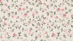 a white wallpaper with pink flowers and green leaves on the bottom half of it