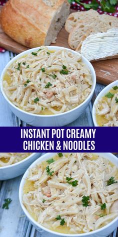 instant pot creamy chicken and noodle soup in white bowls with bread on the side