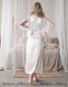 $150.00 Wedding Kimono Robe, Lingerie For Bride, White Bridal Robe, Bride Dressing Gown, Silk Robe Long, Satin Robes, Wedding Robes, Lace Bridal Robe, Silk Robes