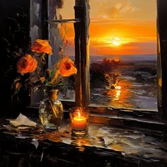 an oil painting of flowers in a vase next to a window with the sun setting