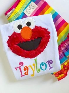 Elmo Shirt or Bodysuit for Girls, rainbow colors elmo birthday shirt - Darling Little Bow Shop Playful Long Sleeve Rainbow Top, Rainbow Cotton Top For Birthday, Fun Long Sleeve Tops For Birthday, Multicolor Long Sleeve Tops For Birthday, Cute Red Top For First Birthday, Cute Red Tops For First Birthday, Cute Red Top For Birthday, Elmo Shirt, Rainbow Top