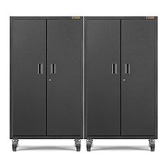 two black metal storage cabinets sitting side by side