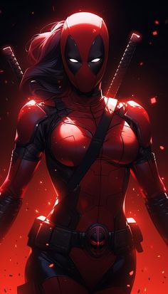 the deadpool character is standing in front of red and black lights, with her arms outstretched