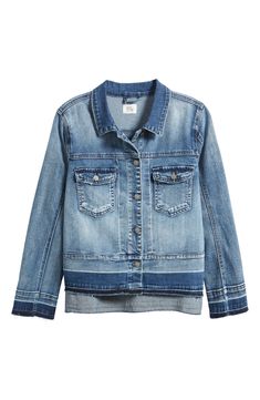 Designed in a cool faded wash, this jean jacket features classic chest pockets and a modern raw hem. 24" length Spread collar Lined 95% cotton, 4% polyester, 1% spandex Machine wash, tumble dry Imported Dark Denim Jacket, Cropped Denim Jacket, Colored Denim, Cropped Denim, Split Hem, Dark Denim, Denim Shirt, Step Up, Blue Light