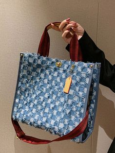 DETAILS Denim Checkerboard Tote bag Large: 13.4" L * 5.9" W * 12.2" H Small: 8.7" L * 4.3" W * 7.9" H Purple Details, Stretch Mesh Fabric, Floral Bodycon, Purple Mini Dresses, Checkerboard Pattern, Backless Mini Dress, Boot Pumps, Denim Details, Shoes Outlet