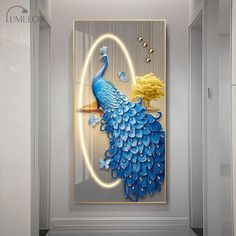 a blue and yellow peacock painting on a wall