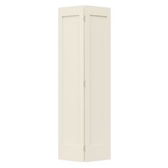 a tall white cabinet with two doors on one side and the other half open, in front of a white background