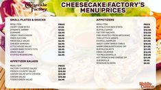 a menu for cheesecake factory's menus and prices on a plate with vegetables