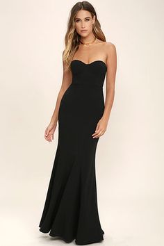 Short Formal Dresses and Long Formal Dresses at Lulus Strapless Dress Casual, Long Black Strapless Dress, Long Casual Dresses, Black Strapless Maxi Dress, Flared Dresses, Black Dress Formal, Black Strapless Dress, Black Formal, Formal Dresses Short