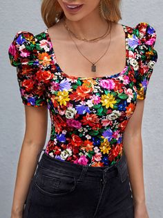 Multicolor Elegant  Short Sleeve Polyester Floral,All Over Print  Embellished Slight Stretch Summer Women Tops, Blouses & Tee Tulle Sleeves, Women Dresses Classy, Classy Casual Outfits, Crop Top Outfits, Casual Tops For Women, Boho Tops, Fashion Online Shop, All Over Print, Summer Women