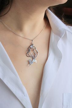 image 2 Whimsical White Pendant Jewelry, Whimsical Silver Round Pendant Necklace, Whimsical Sterling Silver Pendant Necklace, Fox With Nine Tails, Fox Totem, Oak Leaf Necklace, Nine Tails, Japanese Fox, Rabbit Jewelry