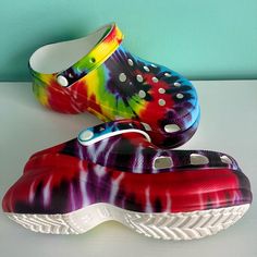 Crocs Classic Bae Tie Dye Rainbow Clogs Sole Platform Multicolor Women's 8 Limited Edition Rare Worn Once Around House Comfortable Multicolor Sandals With Rubber Sole, Multicolor Round Toe Clogs For Beach, Multicolor Open Toe Clogs For Beach, Spring Multicolor Clogs With Cushioned Footbed, Comfortable Multicolor Clogs With Cushioned Footbed, Summer Multicolor Round Toe Clogs, Multicolor Non-slip Clogs For Summer, Non-slip Multicolor Clogs For Summer, Summer Multicolor Non-slip Clogs