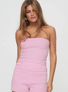 Huckle tube top pink Summer Ribbed Bodycon Tops, Ribbed Bodycon Summer Tops, Ribbed Bodycon Tops For Summer, Sleeveless Polyamide Tops For Party, Stretch Fine Knit Top For Party, Stretch Ribbed Party Top, Ribbed Stretch Top For Party, Stretch Ribbed Top For Party, Elastane Stretch Tops For Day Out