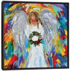 an angel painting with white wings and wreath on it's chest, surrounded by multicolored paint