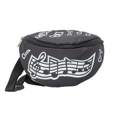 a black and white bag with musical notes on it