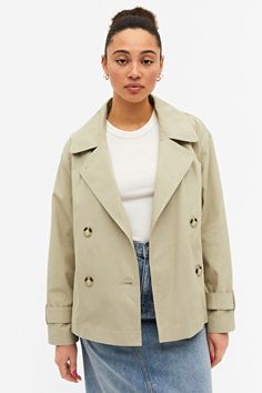 Short beige trench coat - Light beige - Monki WW Beige T Shirts, Beige Trench Coat, Short Trench Coat, Blue Trench Coat, Blue Denim Skirt, Midi Denim, Beige Coat, Trouser Outfits, Different World