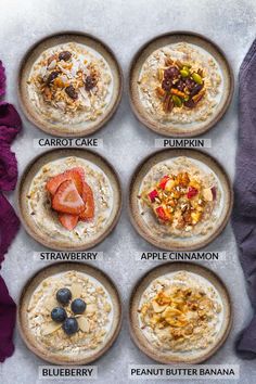 six different types of oatmeal on plates with purple napkins next to them