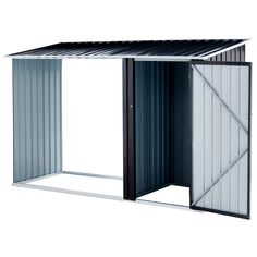 an open metal shed with sliding doors on the inside and outside side, isolated against a white background