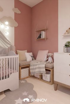 a baby's room with pink walls and white furniture