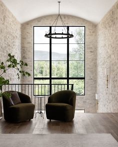 two chairs sitting in front of a large window