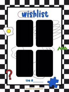 a black and white checkered background with the words wishlist written in blue on it