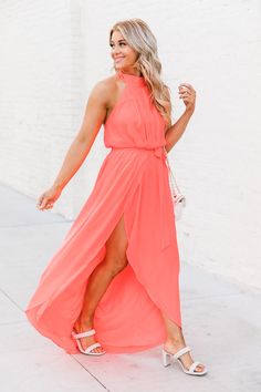 Tell Me About It Bright Coral Maxi Dress FINAL SALE – Pink Lily Coral Summer Dress, Spring Beach Wedding Guest Dress, Beach Wedding Attire For Guest Women, Casual Beach Bridesmaid Dresses, Semi Formal Beach Wedding Attire, Spring Wedding Outfits For Guest, What To Wear To A Beach Wedding, Coral Dress Outfit Wedding, Cancun Wedding Outfit Guest