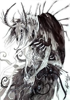 an ink drawing of two horses with long horns